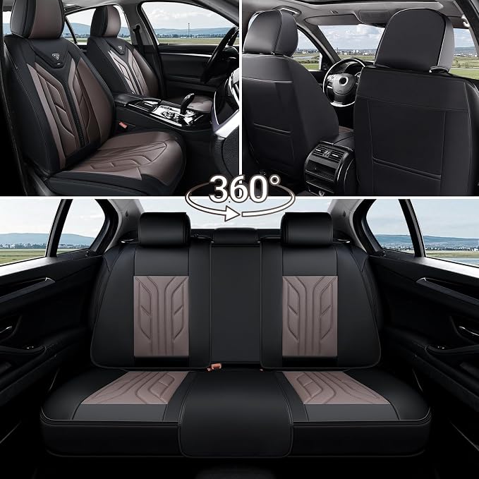 Coverado Car Seat Covers Full Set, Automotive Seat Covers Car Seat Protector Car Seat Cushion, Waterproof Leather Seat Covers for Cars, Universal Fit for Most Sedans SUV Pick-up Truck(Black&Coffee)