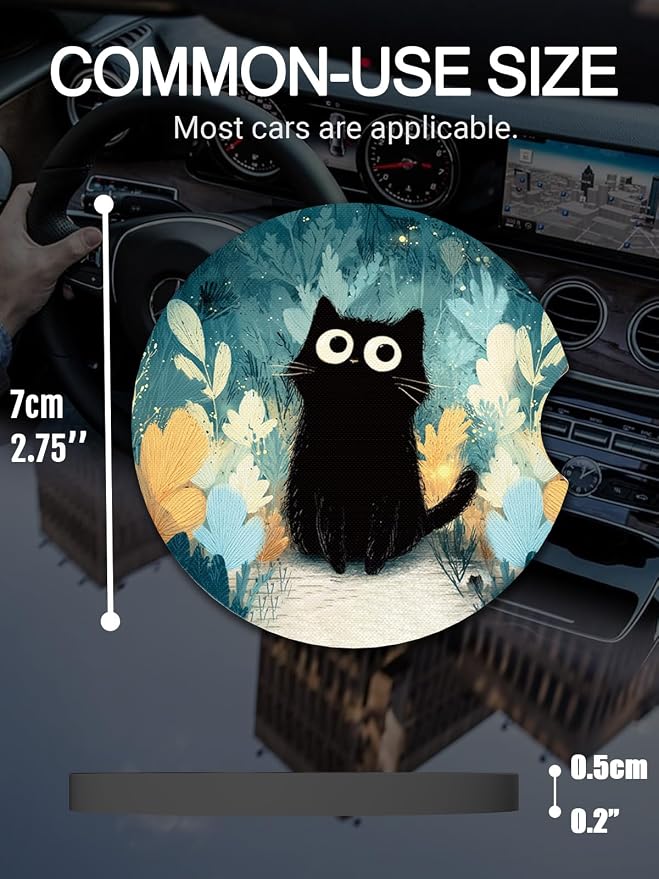 WOCOCN Cute Cup Holder Coasters for Your Car with Fingertip Grip, Auto Accessories for Women & Men,Pack of 2 (Cute Black Cat)