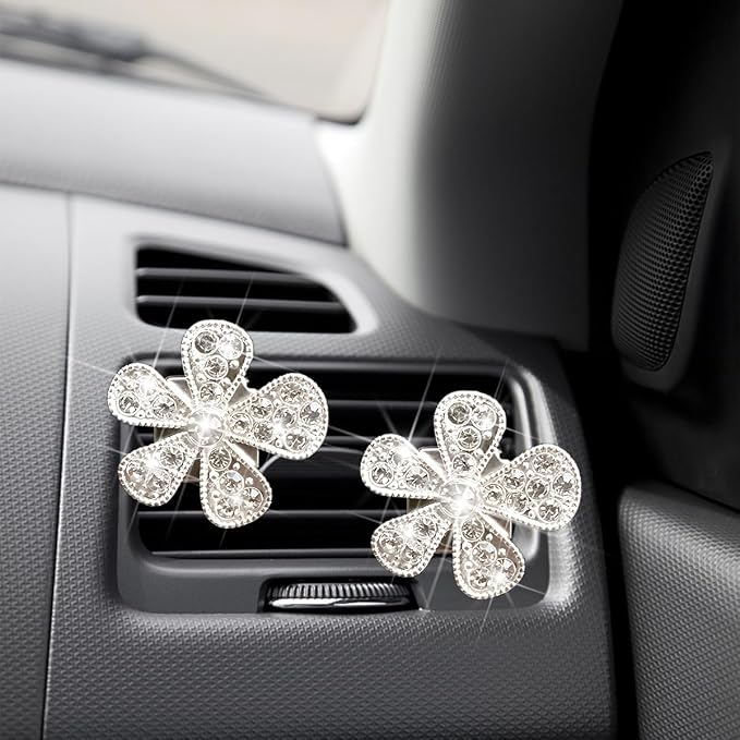Mandark 6PCS Bling Daisy Flower Car Air Vent Clip, Crystal Rhinestone Vehicle Air Vent Outlet Clip, Cute Auto Air Conditioning Clip Charm Interior Decor Accessories for Women Girls（Silver）