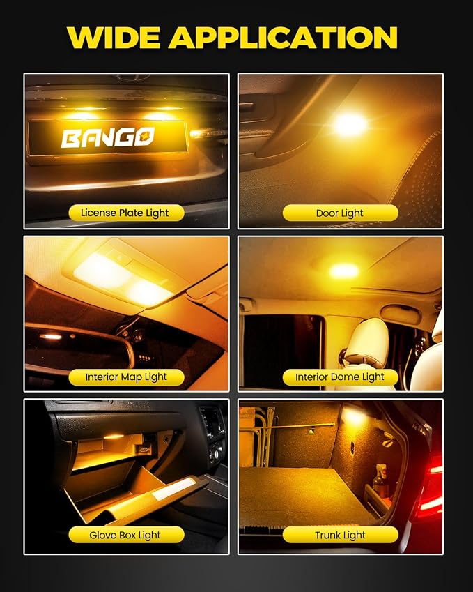 BANGO 194 LED Bulb, Super Bright 168 T10 2825 W5W LED Replacement Bulbs for Car Interior Dome Map Door Courtesy Trunk Side Marker License Plate Lights, Amber Yellow (Pack of 10)