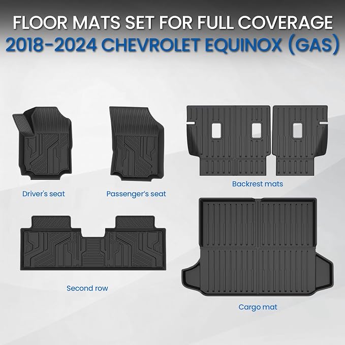 Floor Mats & Cargo Mat & Backrest Mat for 2018-2024 Chevy Equinox/GMC Terrain, All Weather TPE Car Floor Liners Trunk Mat Accessories for Chevrolet Equinox