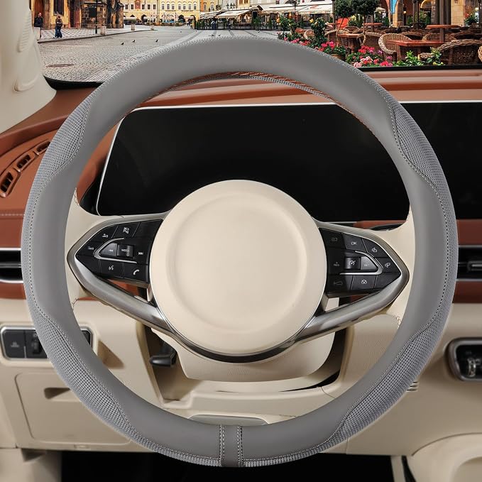 Nappa Leather Ice Silk Fabric Grey Steering Wheel Cover | Non-Slip Breathable Soft Car Accessories, Warm in Winter and Cool in Summer Universal 14.5 inch to 15 inch