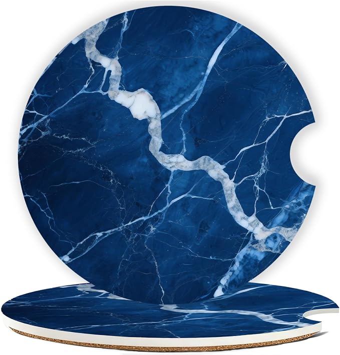 Car Cup Holder Coaster Set of 2, 2.56 in Ceramic Coasters, Scratch-Resistant Cork Backing, Finger Groove Design for Easy Placement, Cute Car Accessories Interior for Women (Dark Blue Marble)