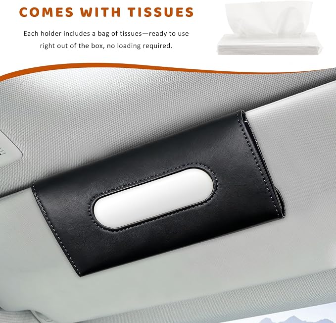 Car Visor Tissue Holder, Premium Leather Sun Visor Napkin Organizer with Tissue Refill, Universal Backseat Napkin Case Sunvisor Mask Holder for Cars SUVs Trucks RVs (Black)