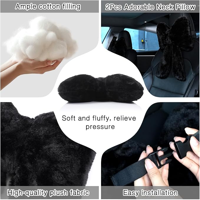 Macarrie 2 Pcs Black Car Neck Pillow Plush Butterfly Bow Car Headrest Pillow Comfortable Seat Neck Support Cute Head Rest Accessories for Driving Travel Driver Chair Girl Interior Decor(Solid)