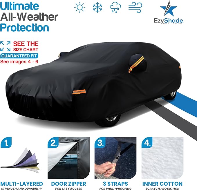 EzyShade Multi-Layer Car Cover Waterproof All Weather - See Vehicle Size-Chart - Outdoor Full Exterior Covers for Automobiles - Sedan Hatch SUV - Rain Snow Sun Wind - Black, Size A4 (See SizeChart)