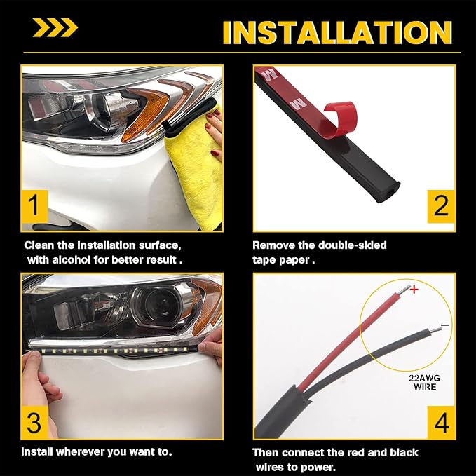 YM E-Bright Amber Yellow Underglow LED Strip Lights DC12V 4 Pack 11inch | IP67 Waterproof, 5050 SMD chips, fits car, motorcycle, boat, golf cart, scooter & bike for interior and exterior decoration