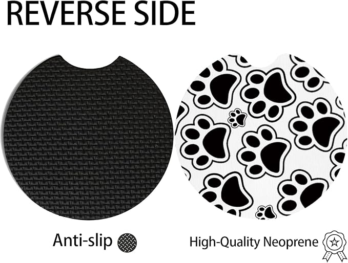 2pcs Black Dog Paw Print Car Coasters,Absorbent Universal neoprener Cup Holder Coasters with a Finger Notch,Car Accessories for Women&Man Interior，2.75"