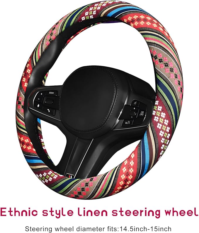 Boho Steering Wheel Cover, Anti-Slip Coarse Flax Cloth Ethnic Style Auto Wheel Cover, Breathable Boho Auto Steering Wheel Protector for Women Men, Car Accessories (Style F)