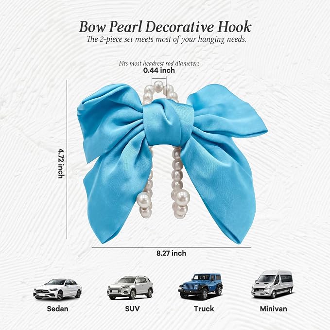 2PCS Satin Bow Pearl Car Seat Headrest Hooks – Car Bag Holder & Vehicle Hanger for Purses – Cute Coquette Aesthetic Interior Decoration – Cute Auto Organizer Accessories Universal (Sky Blue)