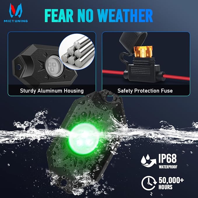 MICTUNING 2nd-Gen CM RGB Rock Lights - 4 Pods Waterproof Multicolor Neon Underglow Kit with Bluetooth App Control & Music Mode for Trucks Pickup UTV SUV ATV （2 Year Warranty）