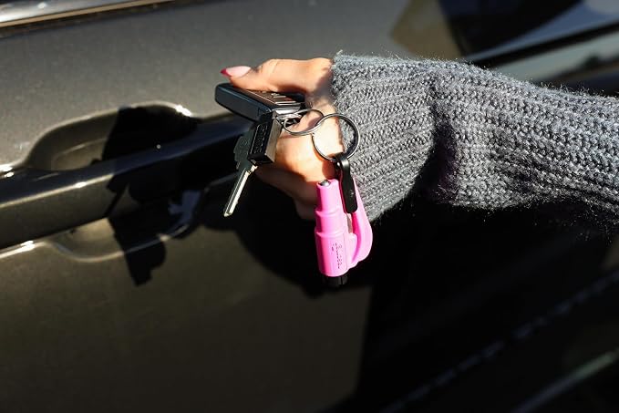 resqme The Original Emergency Keychain Car Escape Tool, 2-in-1 Seatbelt Cutter and Window Breaker, Made in USA, Family Pack of 3, Pink, White, Teal - Compact Emergency Hammer