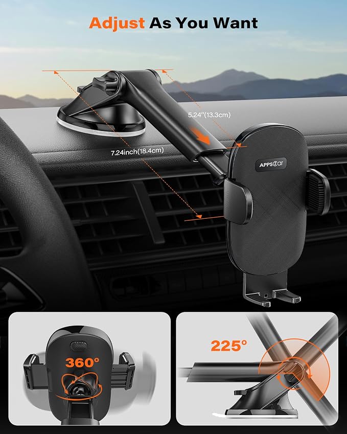 APPS2Car Car Phone Holder Mount for Dashboard & Windshield, Hands-Free Cell Phone Holder for iPhone Samsung, Suction Cup Phone Mount for Cars Trucks Uber & Delivery Drivers