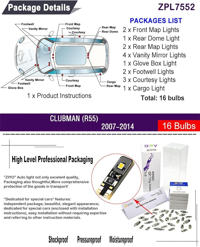 ZIYO LED Interior Light Kit Replacement for MINI COOPER 2001-2016, 6000K White Dome Light Bulbs Accessories Package Upgrade Error Free (Mini Clubman R55 (2011-2014))
