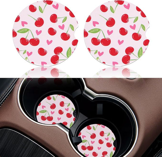 2 Pack Pink Cherry Car Coasters for Women Car Cup Holder Coasters, 2.63 Inch Anti Slip Ceramic Absorbent Coaster with Cork Base and Finger Notch, Cute Car Accessories Interior