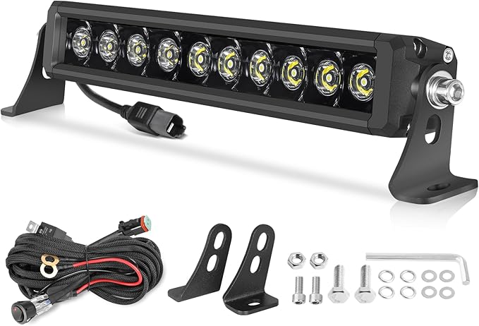 OFFROADTOWN 12 Inch 100W LED Light Bar Single Row Off Road Driving Lights Spot Bumper Grille Bars Slim LED Work Light with Wiring Harness for Truck Pickup UTV SUV Toyota RZR