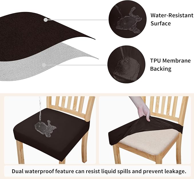 Easy-Going 100% Waterproof Seat Covers for Dining Room Chairs Set of 6, Stretch Chair Seat Slipcovers Protector Removable and Washable Kitchen Dining Chair Covers, Chocolate