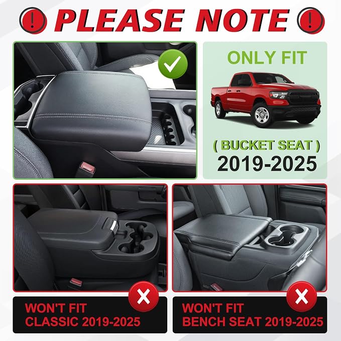 Muslogy Center Console Armrest Cover Fit for Dodge Ram1500 2500 3500 2019-2026 Accessories, Comfort Armrest Pad Console Lid Cushion Vegan Leather Regular Thick(Bucket Seat ONLY, NO Limited,Laramie)