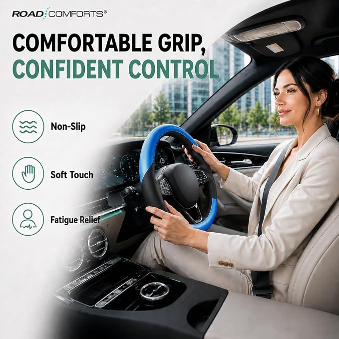 Road Comforts Steering Wheel Cover – Breathable Leather Steering Wheel Cover, Anti-Slip Grip, Universal Fit 14.5” to 15”, Heat & Cold Resistant for Cars, SUVs, and Trucks – Black & Metallic Blue