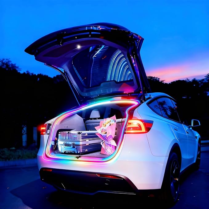 Trunk LED Ambient Neon Light Strips for Tesla Model Y & Juniper (2021-2026) - Waterproof Silicone, High Brightness, APP-Controlled, Auto On&Off, for Car Trunk & Camping Atmosphere (RGB)