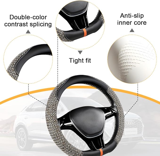 Zpana Car Steering Wheel Cover, 14.5-15" Breathable Linen Sporty Vehicle Steering Wheel Protector with Non-Slip Lining, Automotive Interior Decoration Accessories, Universal Fit (Black/Beige)