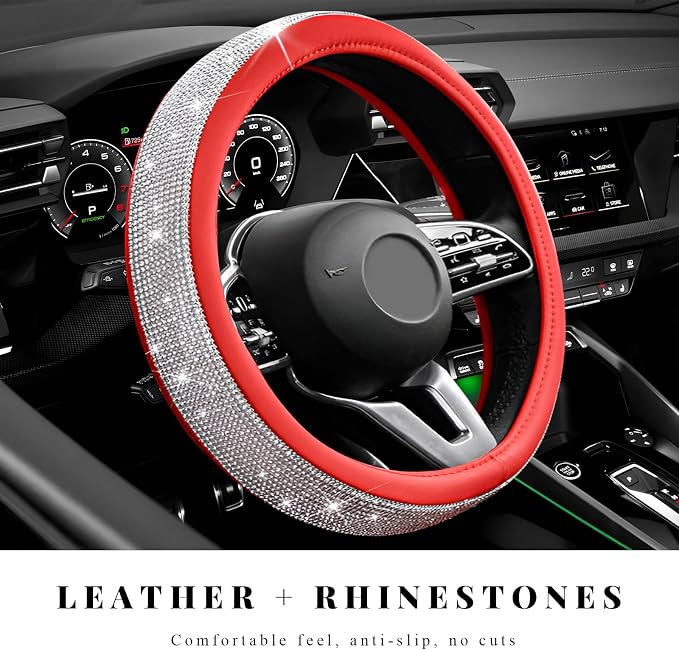 Diamond Leather Steering Wheel Cover, 15 Inch Bling Crystal Rhinestone Anti-Slip Wheel Protector, Universal Sparkling Elegant Diamond Steering Wheels Cover for Women Girl (White&Red)