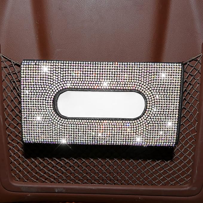 Bling Car Sun Visor Tissue Box Holder, Rhinestone PU Leather Crystal Sparkling Napkin Holder, Backseat Paper Towel Cover Case Car Accessories for Women (Multicolor)