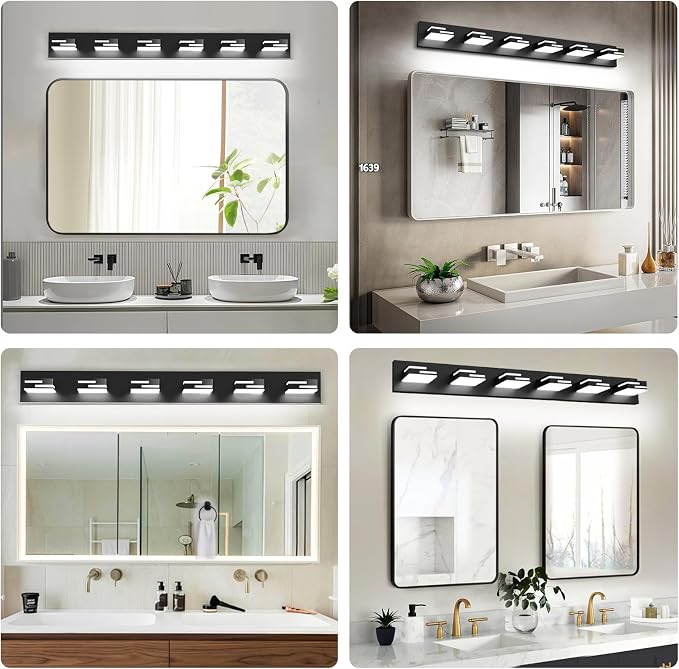 LED Modern Bathroom Vanity Light Fixtures, Dimmable Matte Black Vanity Lights for Bathroom Lighting Fixtures Over Mirror, with 360° Rotatable Acrylic Heads 6-Light 42-inch (Cool White 6000K)