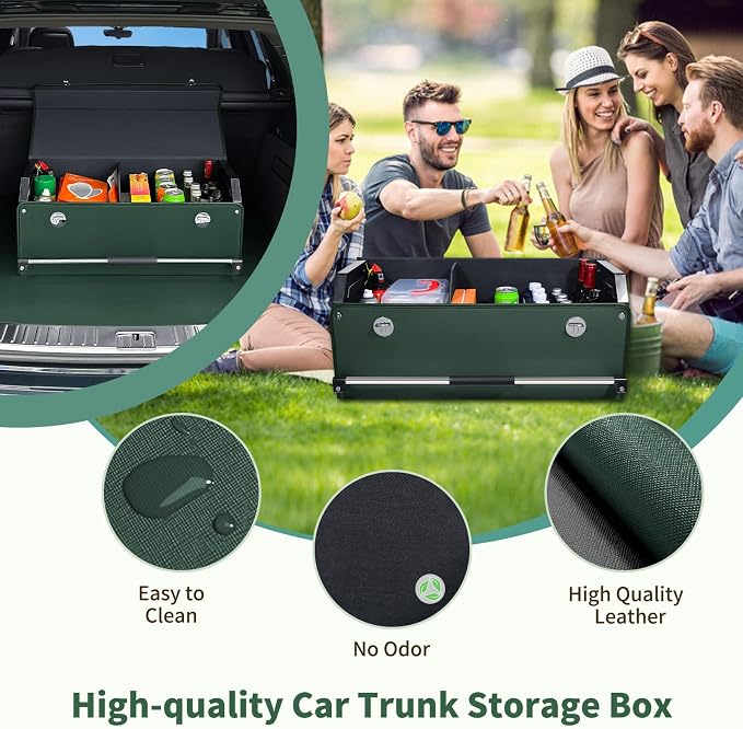 Trunk Organizer for Car with Lid Leather Trunk Organizer Car Organizer | SUV Trunk Organizer with Push-pull Handle Car Trunk Storage Organizer for Minivan, Truck, Sedan (Green, 27.1 x 11.4 x 12.2in)