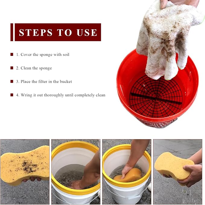 2 PCS Car Wash Bucket Inserts, Detail Grit Trap Kit Helps Removes Dirt & Debris from Wash Mitt, Automotive Detail Filter Washing Tool for 12-Inch Diameter Buckets (Black+Red)