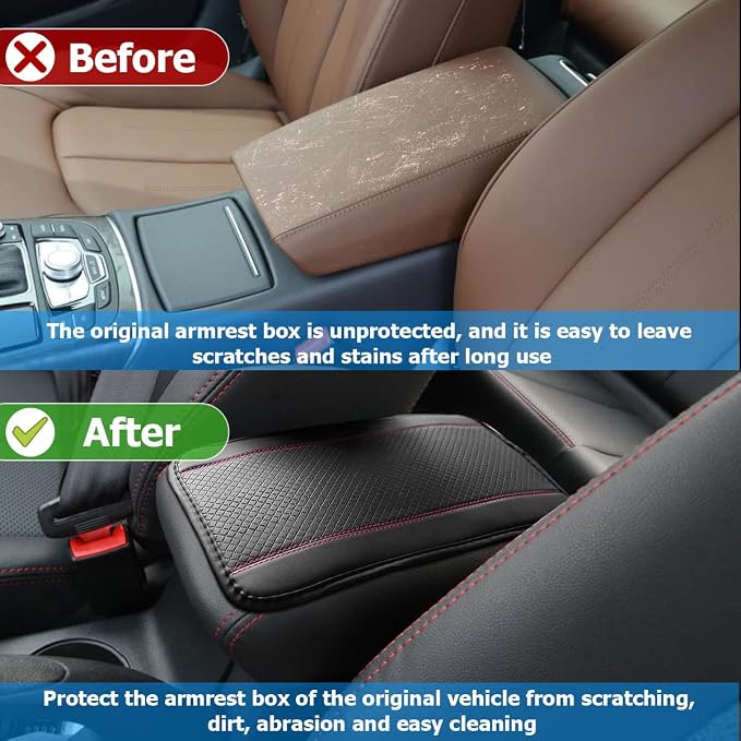 Moly Magnolia Auto Center Console Pad, PU Leather Car Armrest Seat Box Cover, Waterproof Non Slip Soft Armrest Box Cushion Protector, Car Accessories Universal for SUV, Truck, Van (Black/Pink)
