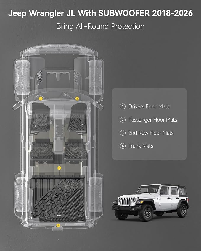 3W Floor Mats&Cargo Liner Compatible for Jeep Wrangler JL 2018-2025 2026 Unlimited 4-Door with Subwoofer (Non JK or 4XE) All-Weather TPE Floor Liner for 1st, 2nd Row and Trunk Full Set Car Mats,Black