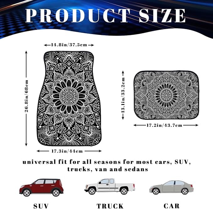 Mandala Car Floor Mats Set of 4 Black White Floral Boho Pattern Art Decorative Car Floor Carpets Front Rear Carpets Mat Non-Slip Auto Car Accessories Universal Fit Car Accessories for Truck