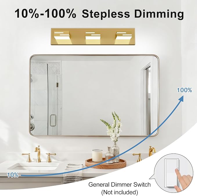 LED Modern Bathroom Vanity Light Fixtures, Dimmable Gold Vanity Lights for Bathroom Lighting Fixtures Over Mirror, with 360° Rotatable Heads 3-Light 22-inch (Cool White 6000K)