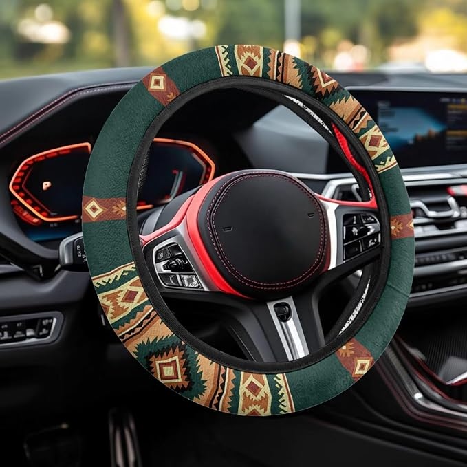 Wanyint Car Steering Wheel Cover for Women Men, 15 Inch Soft Neoprene Stretch Anti-Slip Washable Car Accessories Universal Fit for Sedans SUV, Southwest Aztec Brown Green