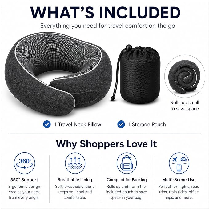 Travel Neck Pillow for Airplanes, Pure Memory Foam Neck Pillow with Washable Cover and Storage Bag, Ergonomic 360° Support for Sleeping, Car, Office, Home, Black