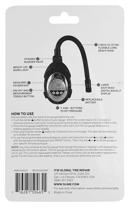 Slime 20202 Tire Pressure Gauge, Ultimate Digital, LED Light for Night Time Use 0-100 psi