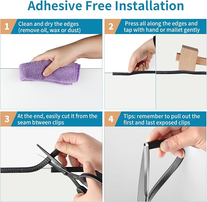Rubber Edge Trim Guard 10ft/3m, Adhesive Free Door Edge Protector, U Shape Edge Seal Strip with Embedded Metal Clips Fits 3/64" to 1/8" Thick Edges (Black)