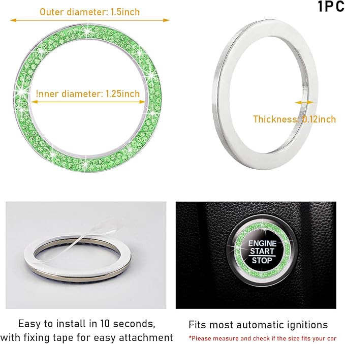 Kewucn Bling Crystal Double Rhinestone Car Engine Start Decoration Ring, Sparkling Push Start Button Sticker, Key Ignition & Knob Ring Decoration, Bling Car Interior Accessory (Light Green)
