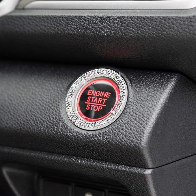 ToBeQueen Car Bling Ring Crystal Car Stickers Rings Womens Car Decals,2Pcs Push Start Button Bling Ignition Ring Sticker,Bling Car Interior Accessory for Women,Silver