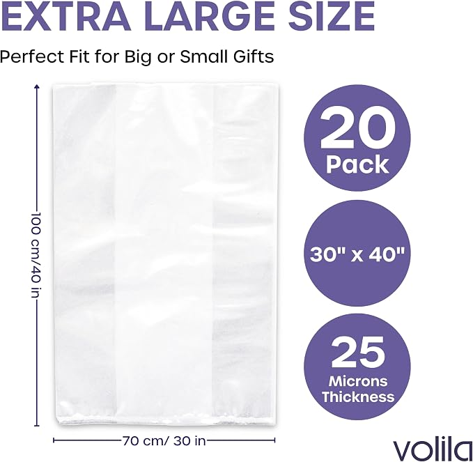 volila Large Cellophane Bags for Gift Baskets - 20 Pack (30 in x 40 in) Clear Gift Wrap for Gift Baskets, Floristry, Party Favors and Food Packaging