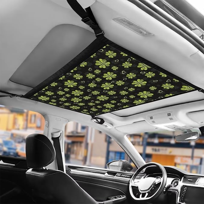 Dreaweet Clover Print Car Ceiling Cargo Net Organizer,Universal Car Pouch Mesh Ceiling Netting Storage Pocket,Car Interior Roof Cargo Net for SUV Truck Mini Van Camping Accessories