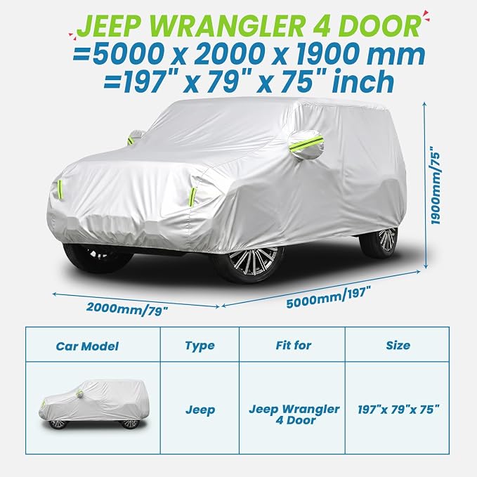 210D Oxford Car Cover Compatible with Jeep Wrangler 4 Door, Waterproof Outdoor Full Exterior SUV Protector, UV Rain Snow Dust, Windproof Straps, Reflective Strips, Silver, 197 x 79 x 75 in