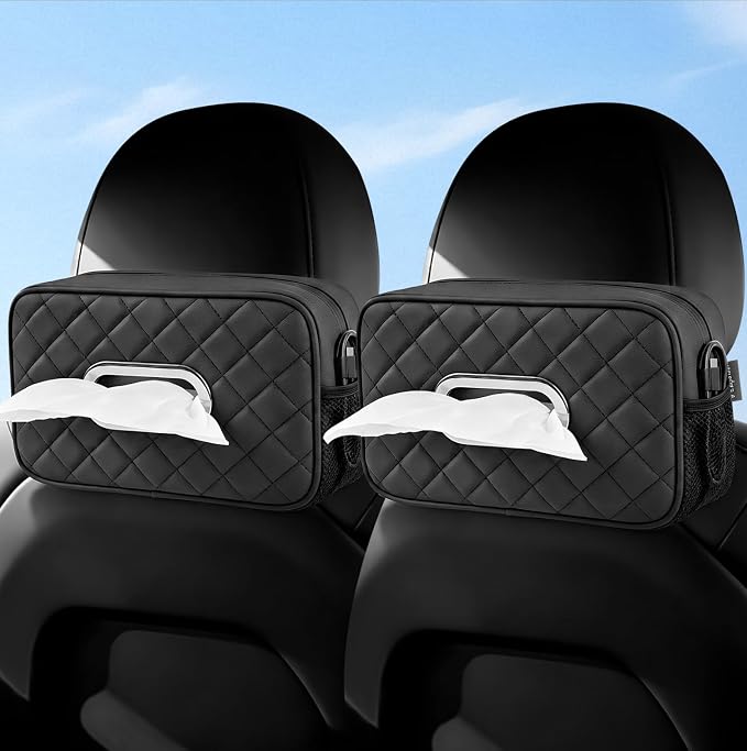 2 Pack Car Tissue Holder, Diamond-quilted Stitching Tissue Box Cover with 2 Mesh Storage Pockets, PU Leather Rectangle Napkin Organizer Fit for 90-160 Regular Size Tissues,Black