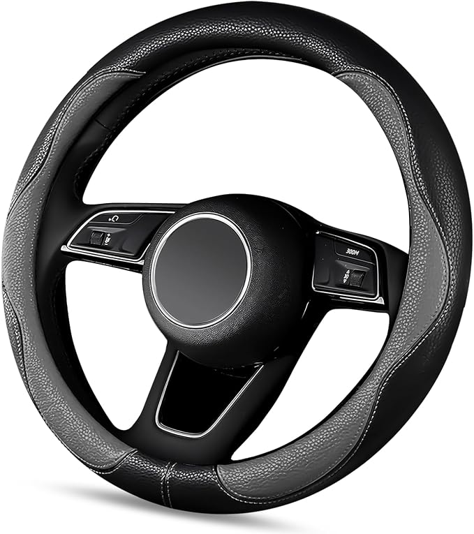 SuperKaKa Gray and Black Car Steering Wheel Cover 2025, Universal Auto PU Cute Breathable Slip-Proof Comfort Imitation Leather Protector Cars Interior Accessories for Women Men Fit Most Vehicle