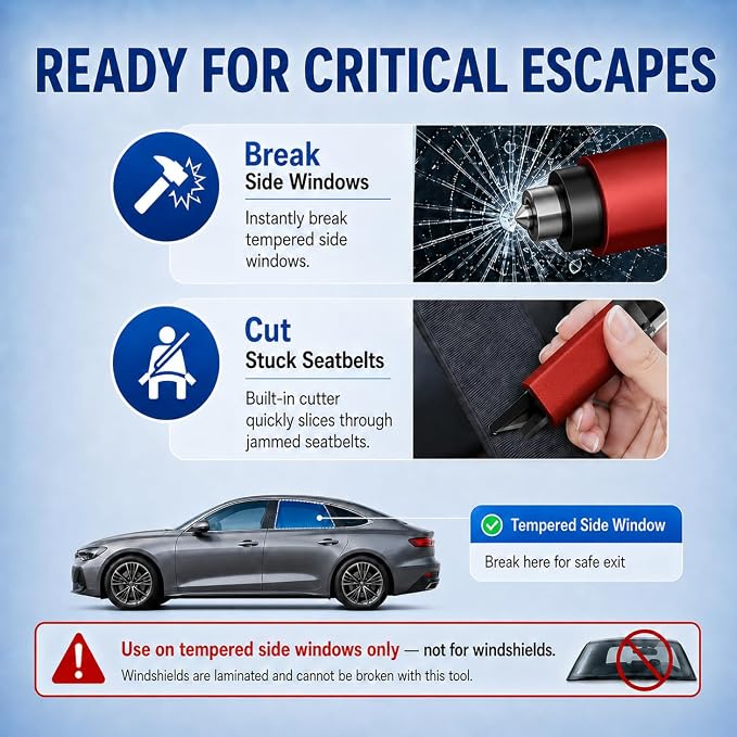 Window Breaker Seatbelt Cutter, 2-in-1 Car Glass Window Breaker Tool, Safety Hammer with Test Glass, Spring Loaded Emergency Escape Hammer for Sinking Cars, Flood Rescue 4PCS (Red & Grey)