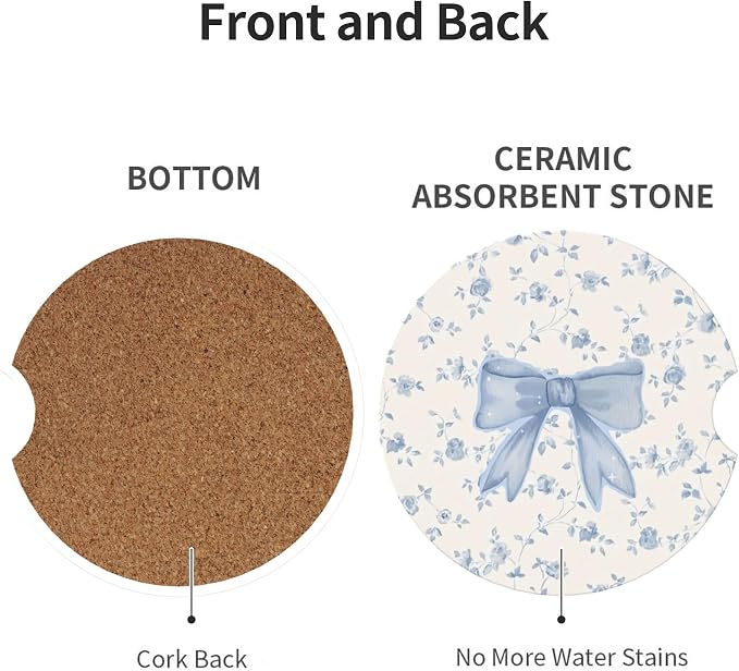 Absorbent Car Coasters for Cup Holders, 2 Pack Universal Anti Slip Ceramic Cup Coaster for Women Men 2.56 Inch Car Interior Accessories - Blue Bow Tie Flower
