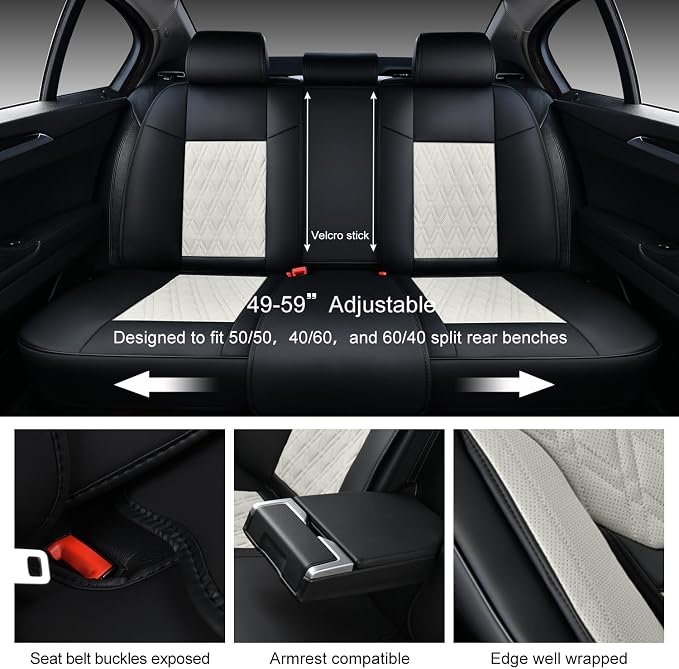 Car Seat Covers Full Set, Breathable Leather Automotive Front and Rear Seat Covers & Headrest, Universal Automotive Vehicle Seat Cover for Most Sedan SUV Pick-up Trucks, Black&Beige