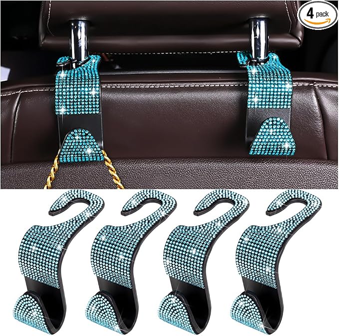 Zpana 4PCS Bling Car Seat Headrest Hooks, Vehicle Back Seat Purse Handbag Hanging Holder with Crystal Rhinestone, Diamond Storage Organizer Hook, Universal Automotive Accessories (Black/Blue)