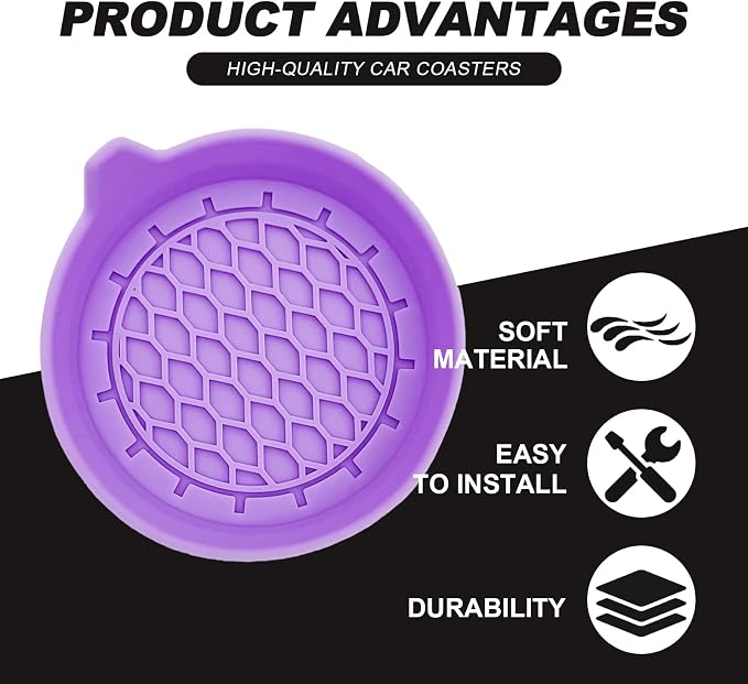 4-Pack Universal Cup Holder Coasters, Black Silicone Inserts - Keep Your Car Clean with Non-Slip & Spill-Proof Coasters for All Vehicles (Purple)